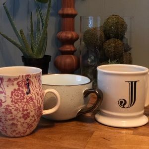 Set of 2 Anthropologie “J” mugs + white mug